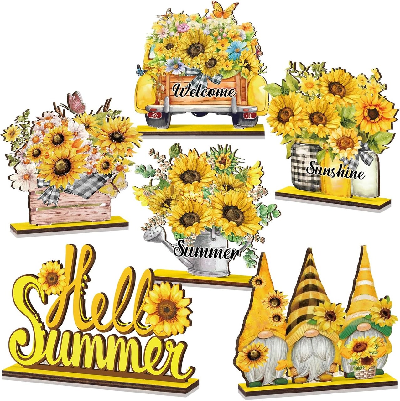 6PCS Sunflower Table Signs – Summer Wooden Centerpieces with Gnome “Welcome Sunshine” Farmhouse Rustic Decor for Home, Kitchen & Party Decorations